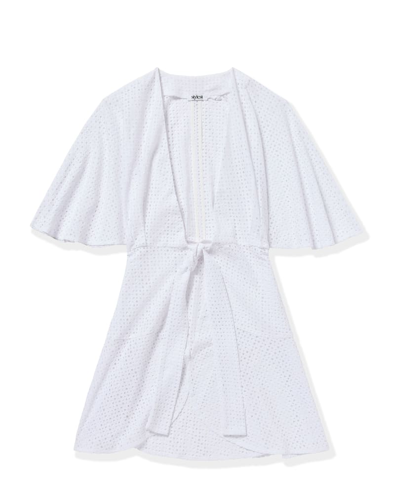 Front of a size XL AQUALACE™ EASY WRAP DRESS in Blanc Dot Lace by STYLEST. | dia_product_style_image_id:349563